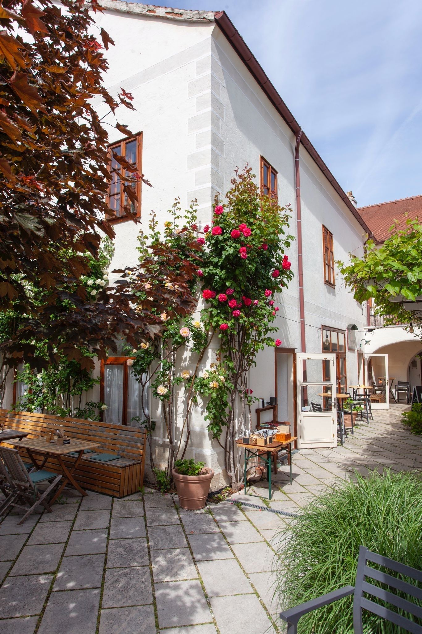 galerie rabinas hofpassage gastgarten mit blumen